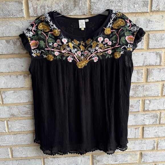 Seen Worn Kept Tops - Seen Worn Kept Flowy Short Sleeve Embroidered Boho Black Blouse Women's Size S